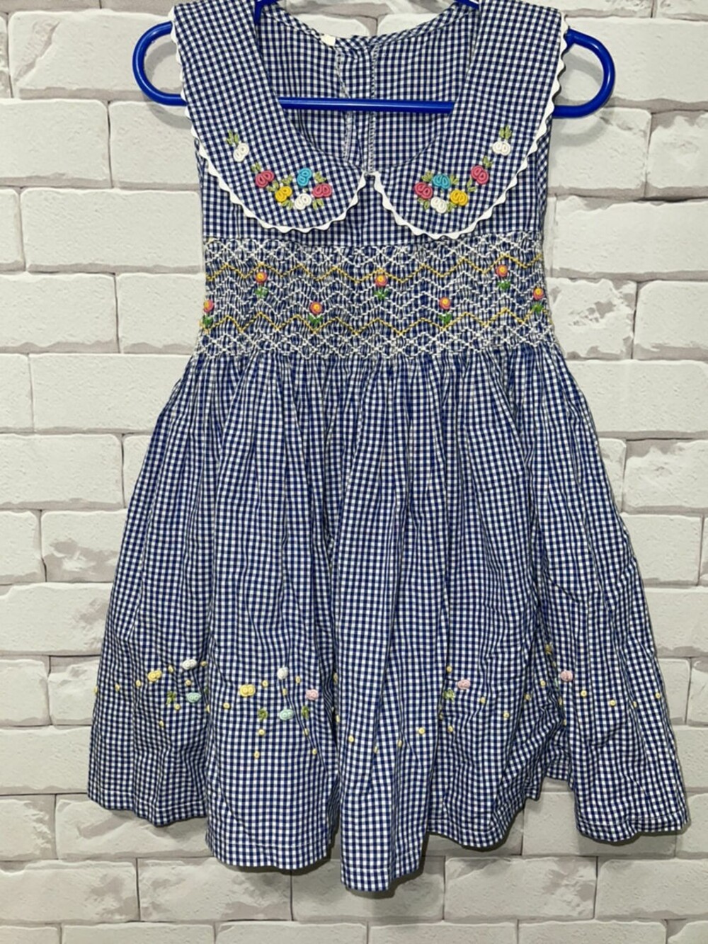 Girl Toddler Blue WHite Gingham Smocked Embroidered Floral Dress Sz sm